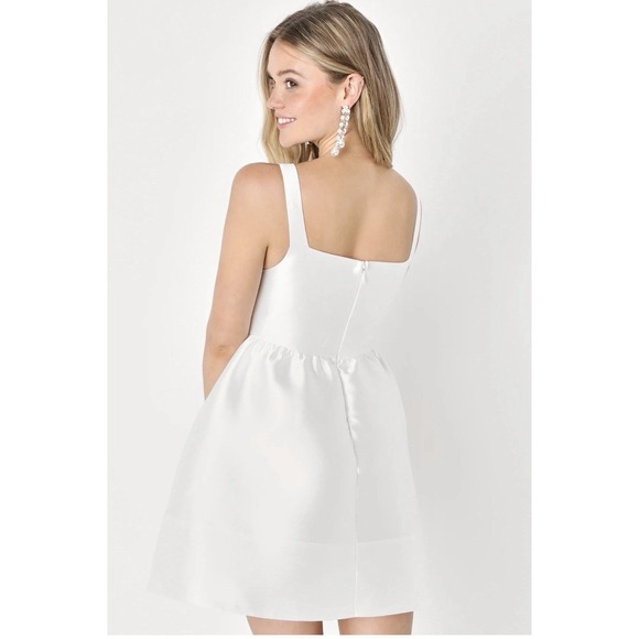 Lulus Bubbly Love White Satin Corset Mini Dress Square Neck Skater Fit and Flare - Picture 2 of 9